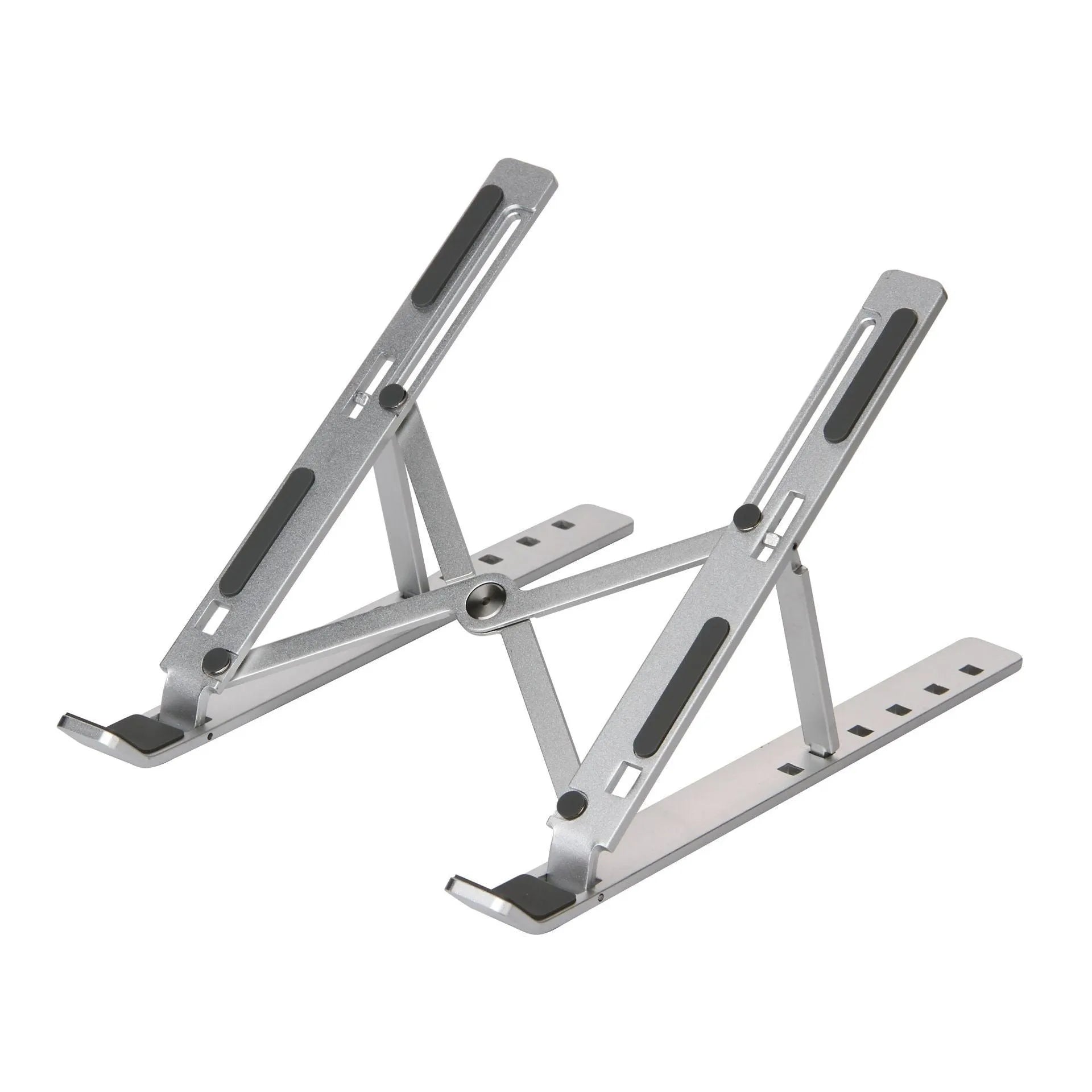 Silver aluminium alloy cooling folding computer stand for laptops under 16 inches on a desk