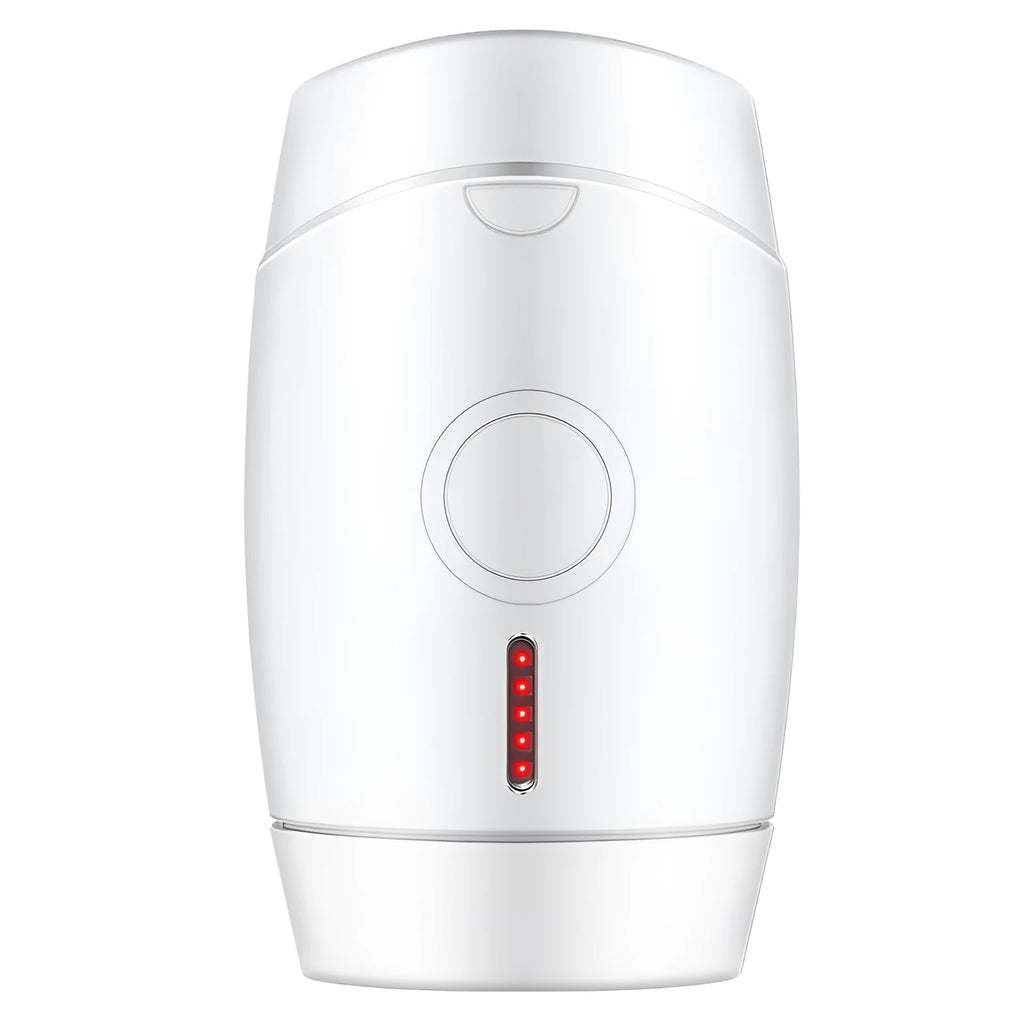 White home laser hair removal device with display screen and button for adjusting five energy levels.