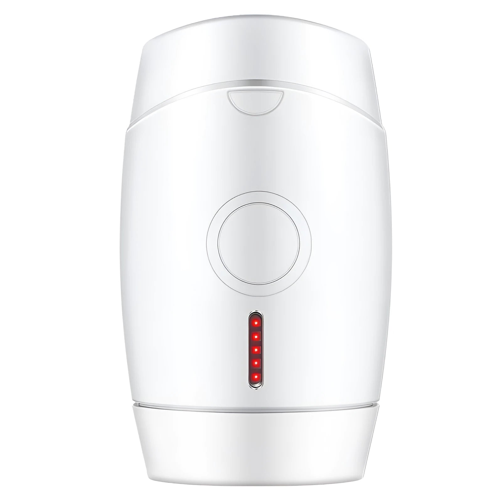 White home laser hair removal device with display screen and button for adjusting five energy levels.