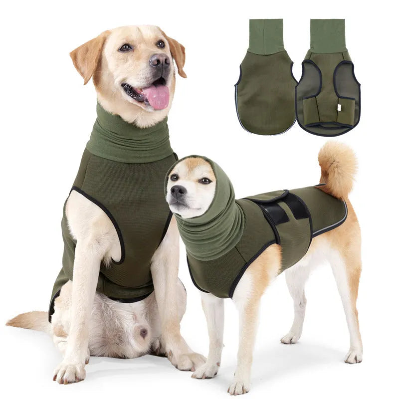Dog wearing army green calming jacket for anxiety relief