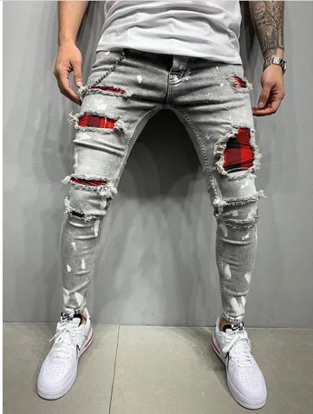 Men's cotton paint jeans in black, blue, or grey, Asian sizes S to 3XL