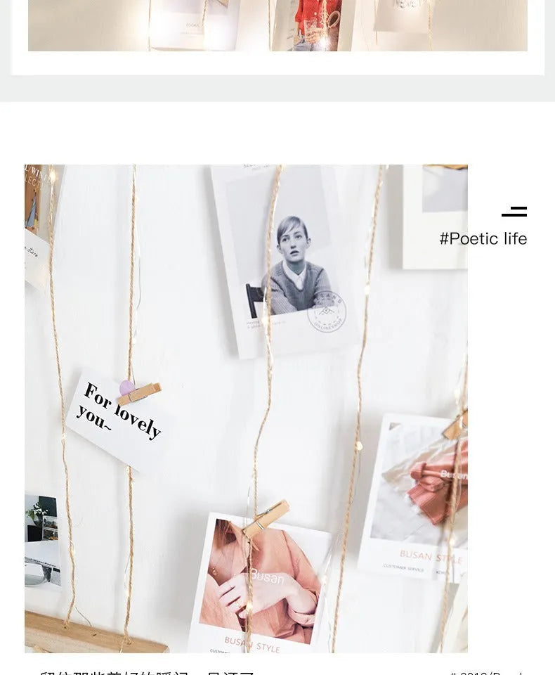 Wood and hemp rope photo wall hanging pendant with wooden clips, shown in small, medium, and large sizes.