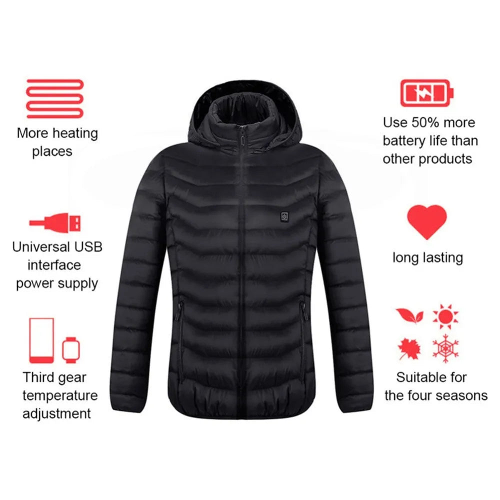 USB heated jacket in Black Zone 8 with hood and zipper, sizes S to 6XL