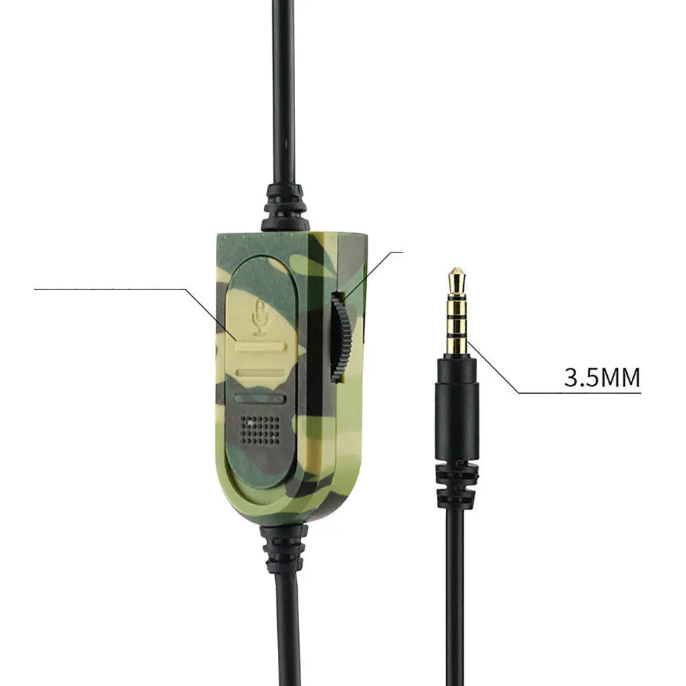 Army green camouflage wired over-ear gaming headset with microphone and 3.5mm plug on a black cable.