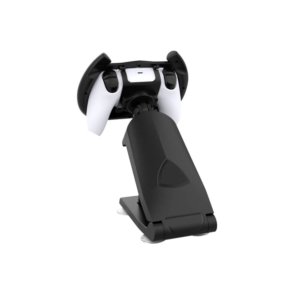 Black ABS plastic gamepad steering wheel bracket with suction cup, holding a smartphone.