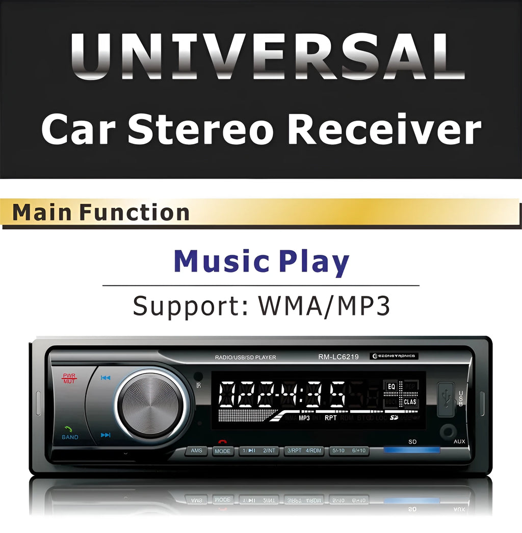 Car stereo receiver with Bluetooth, USB port, SD card slot, and display screen