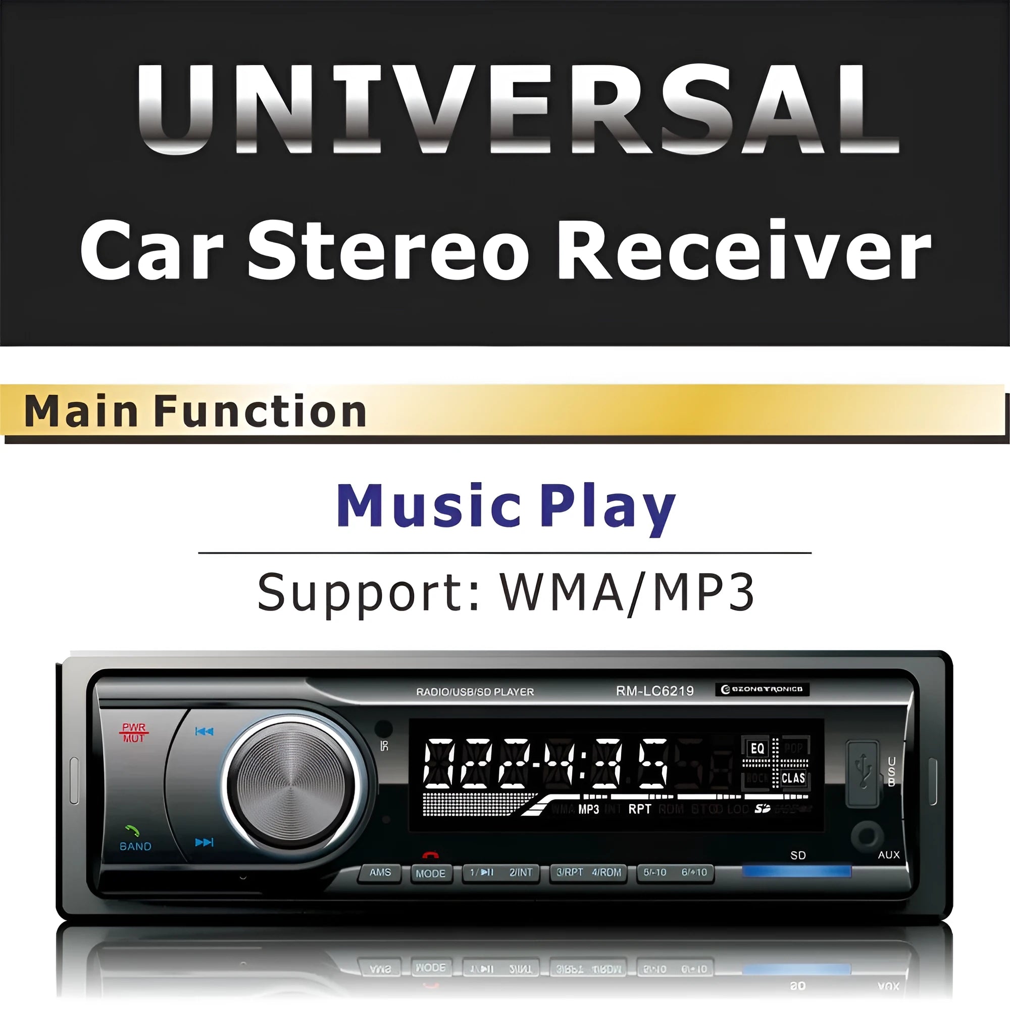 Car stereo receiver with Bluetooth, USB port, SD card slot, and display screen