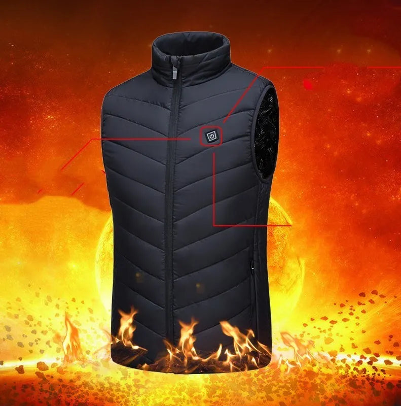 USB powered smart heating vest for men and women in slim fit cardigan style with zipper, black colour