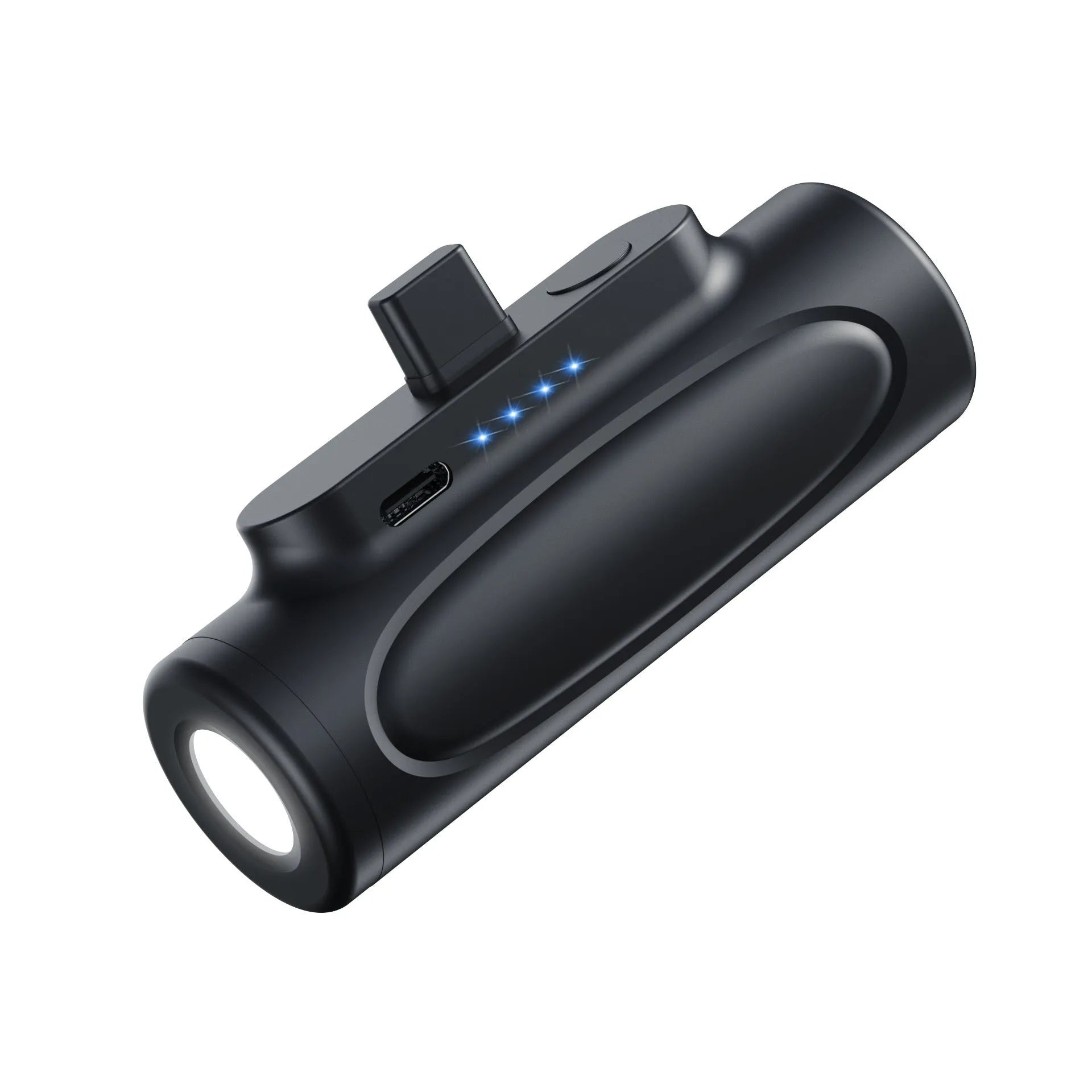 Creative Glare Power Bank with LED flashlight, shown in black and pink, displaying its compact size and charging ports.