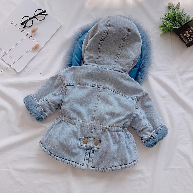 Girl's blue denim coat with hood and plus velvet thickness for Asian sizing