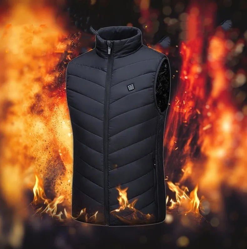 USB powered smart heating vest for men and women in slim fit cardigan style with zipper, black colour