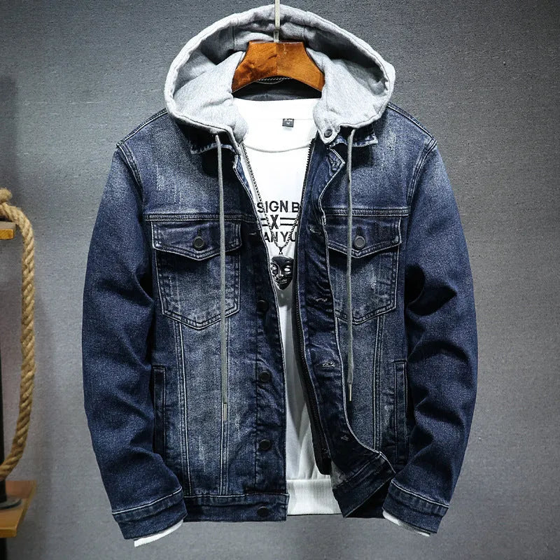 Thick cotton denim jacket for men, hooded lapel, slim fit, plain style, black colour