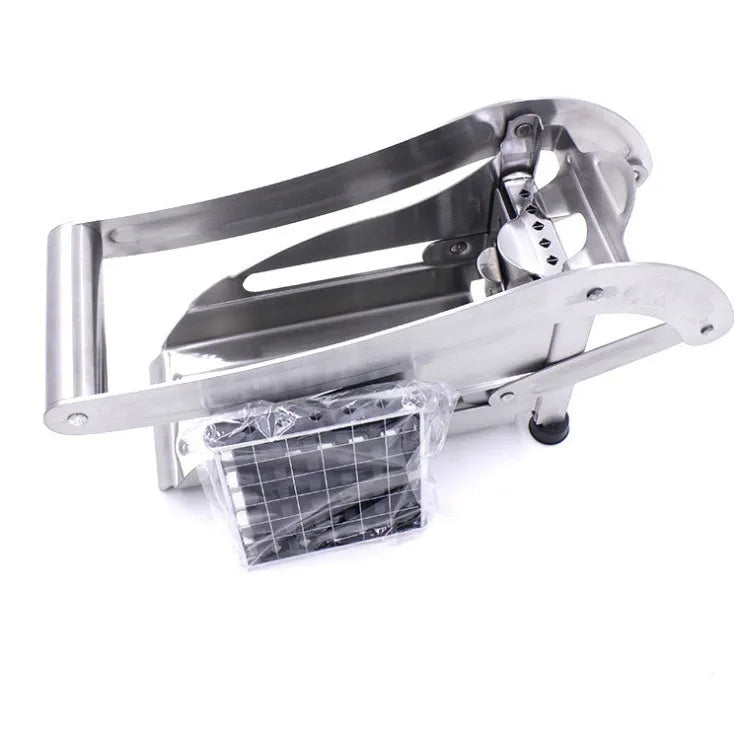 Manual potato cutter with stainless steel blades and non-slip rubber foot for French fry preparation