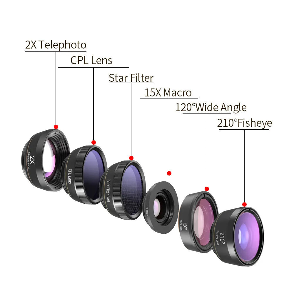 Black 6-in-1 smartphone camera lens kit with fisheye, wide-angle, telephoto, CPL, and star filter lenses and a universal clip.