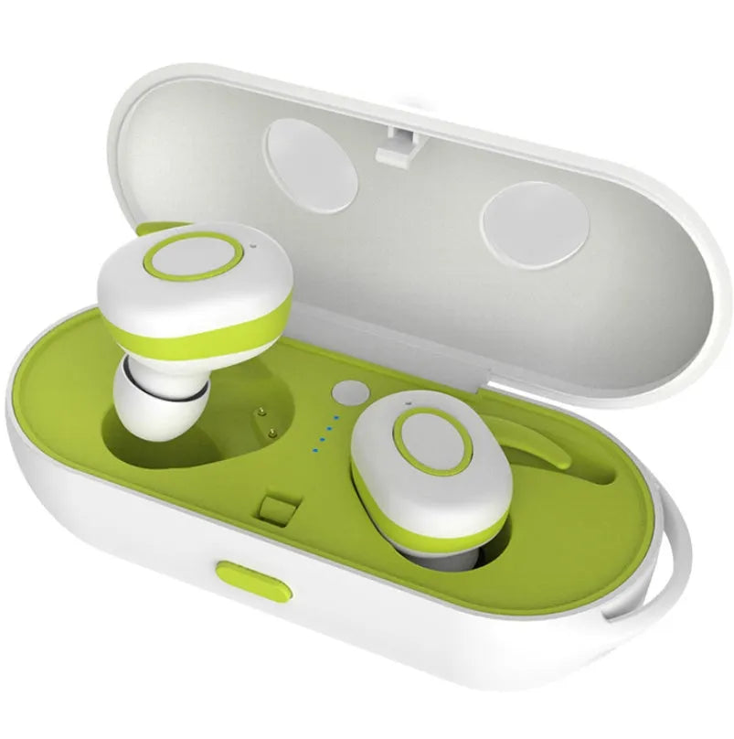 Wireless Bluetooth sports headphones in black, green, red, or white with in-ear design