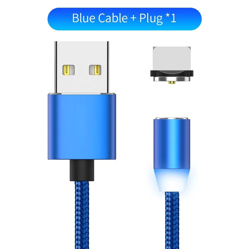 1 metre magnetic LED charging cable with cotton woven cord and three-in-one connector in aluminium shell