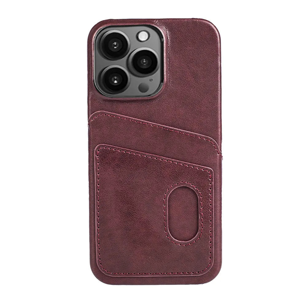 PU leather flip phone case in brown showing front cover with card slot, fits iPhone 13 series models