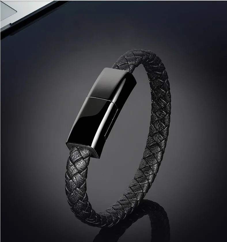 Brown double line bracelet-style charging cable with Mini USB to Micro USB connector.