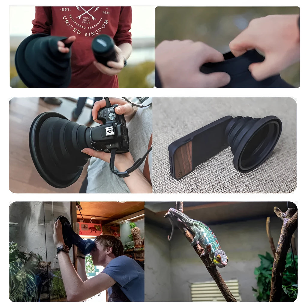 Black conical silicone lens hood for DSLR camera showing elastic construction