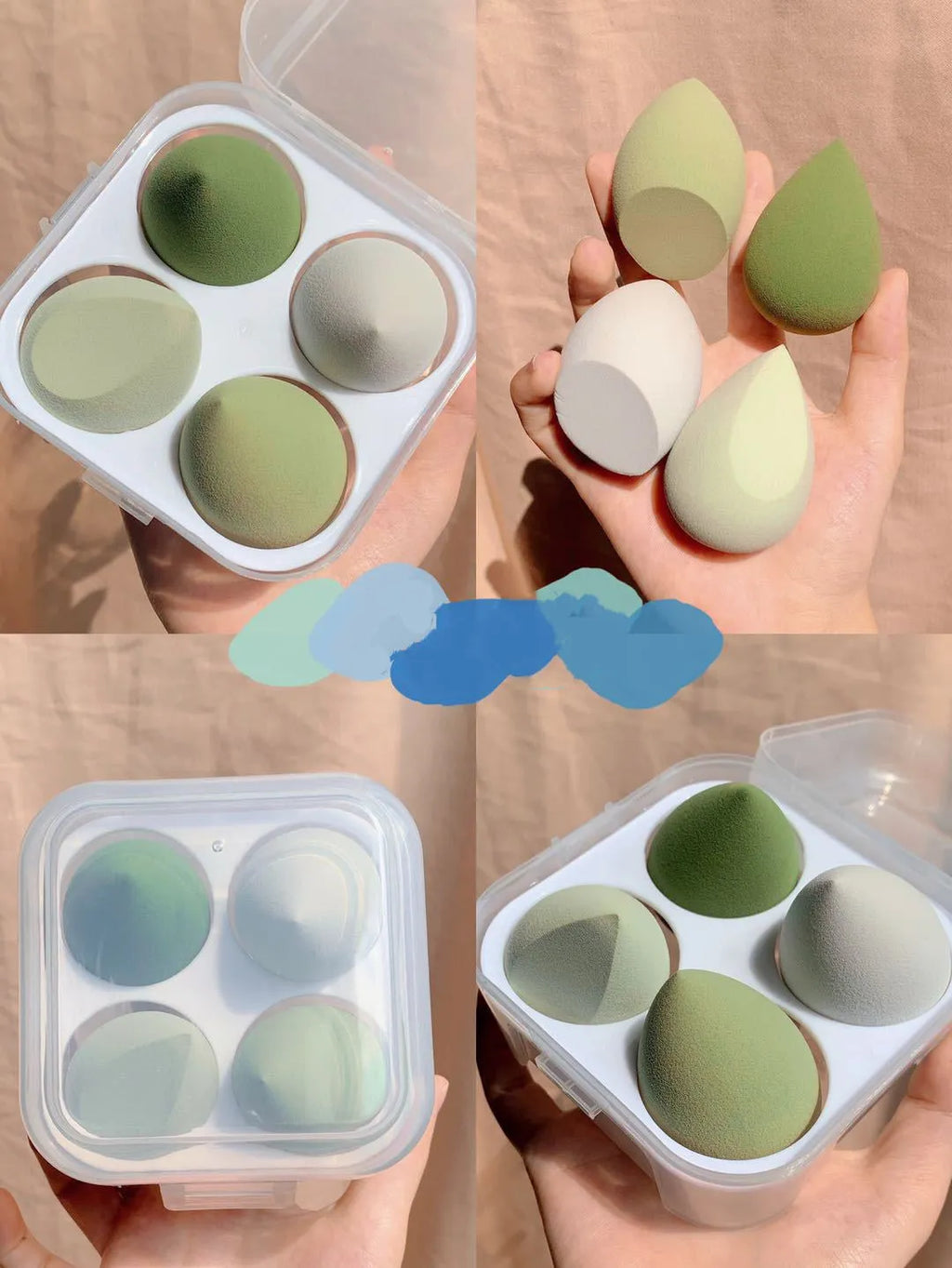 Makeup egg box beauty sponge holder with four compartments for grape mango mint peach coloured sponges