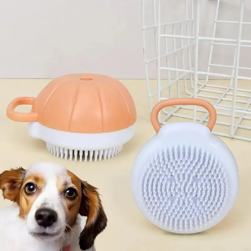 Orange silicone dog bath brush with shampoo dispenser and soft TPR bristles for pet grooming