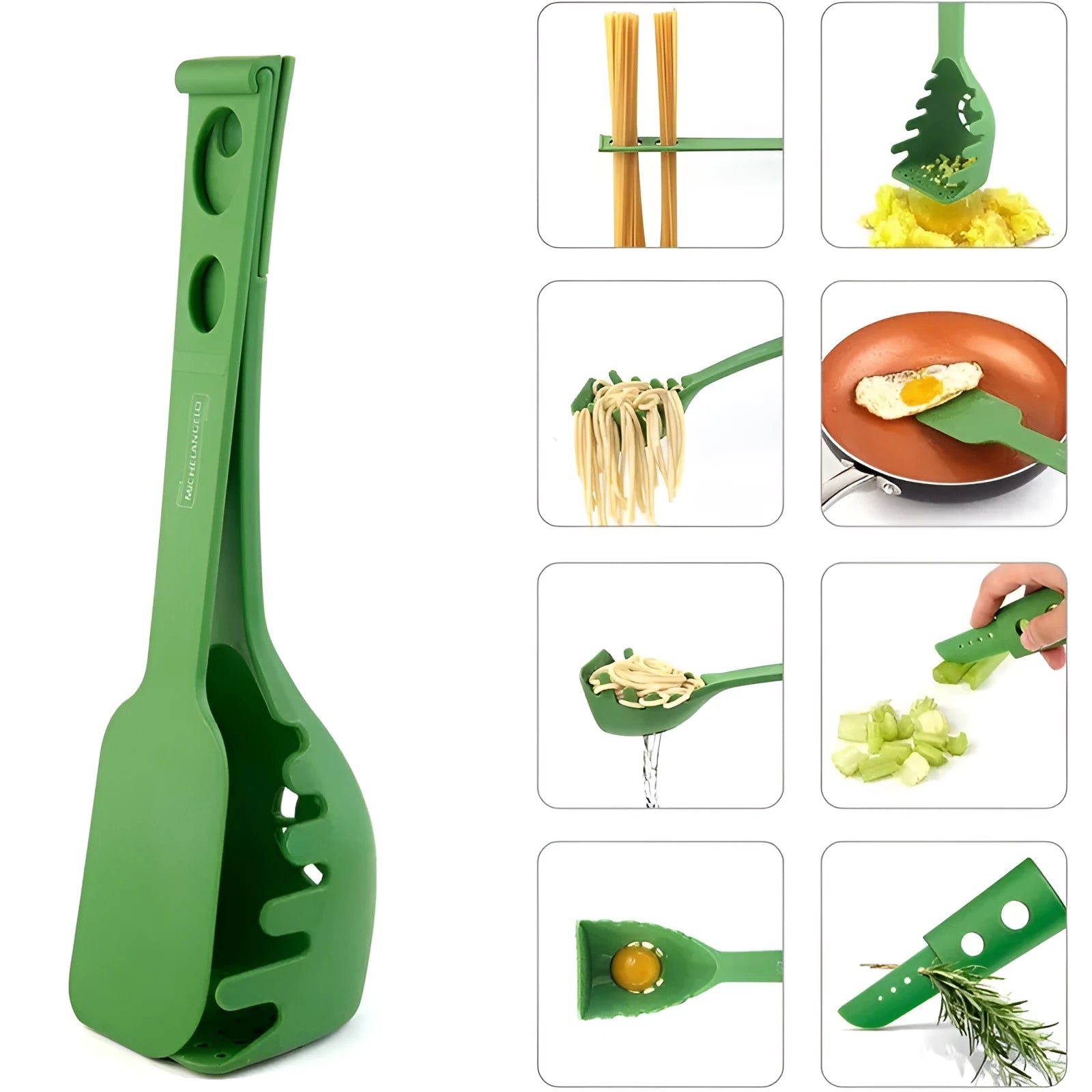 Plastic kitchen utensil set showing multifunction shovel and spaghetti serving spoon
