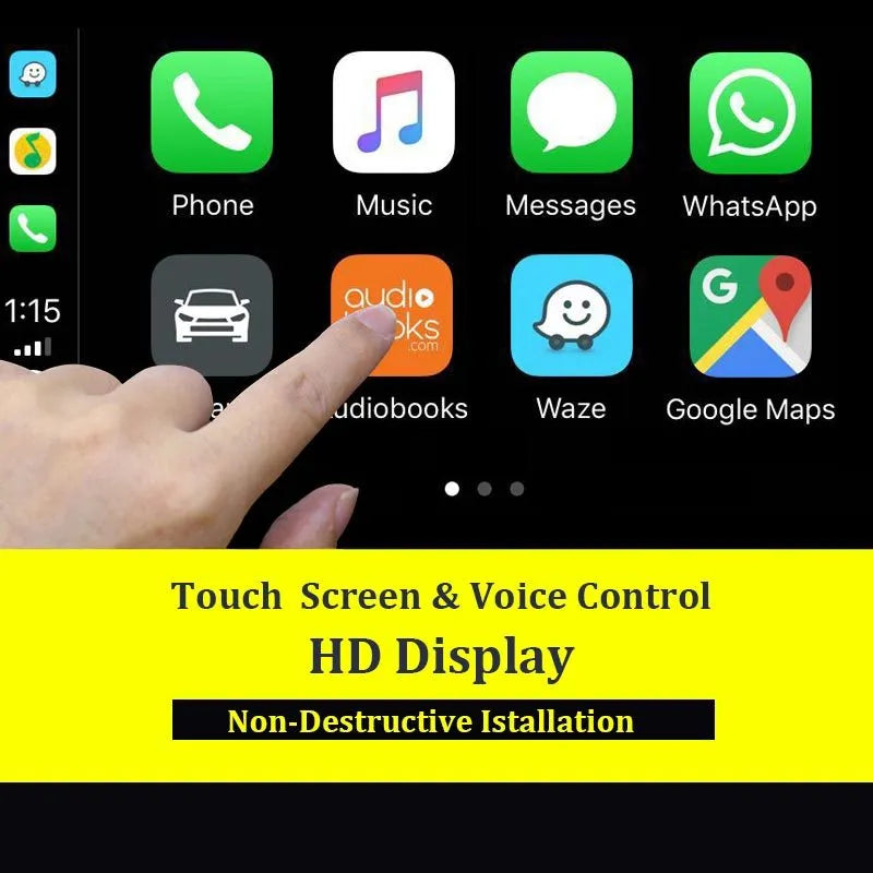 Black Wireless CarPlay USB dongle adapter for connecting iPhone to car navigation screen.