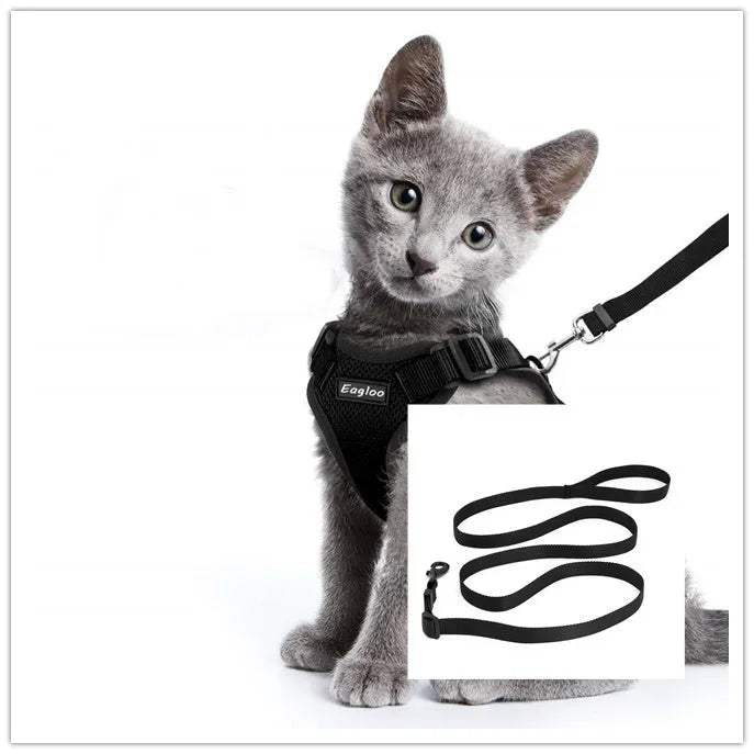 Escape proof cat vest harness in black with reflective trim and car seat belt adapter leash