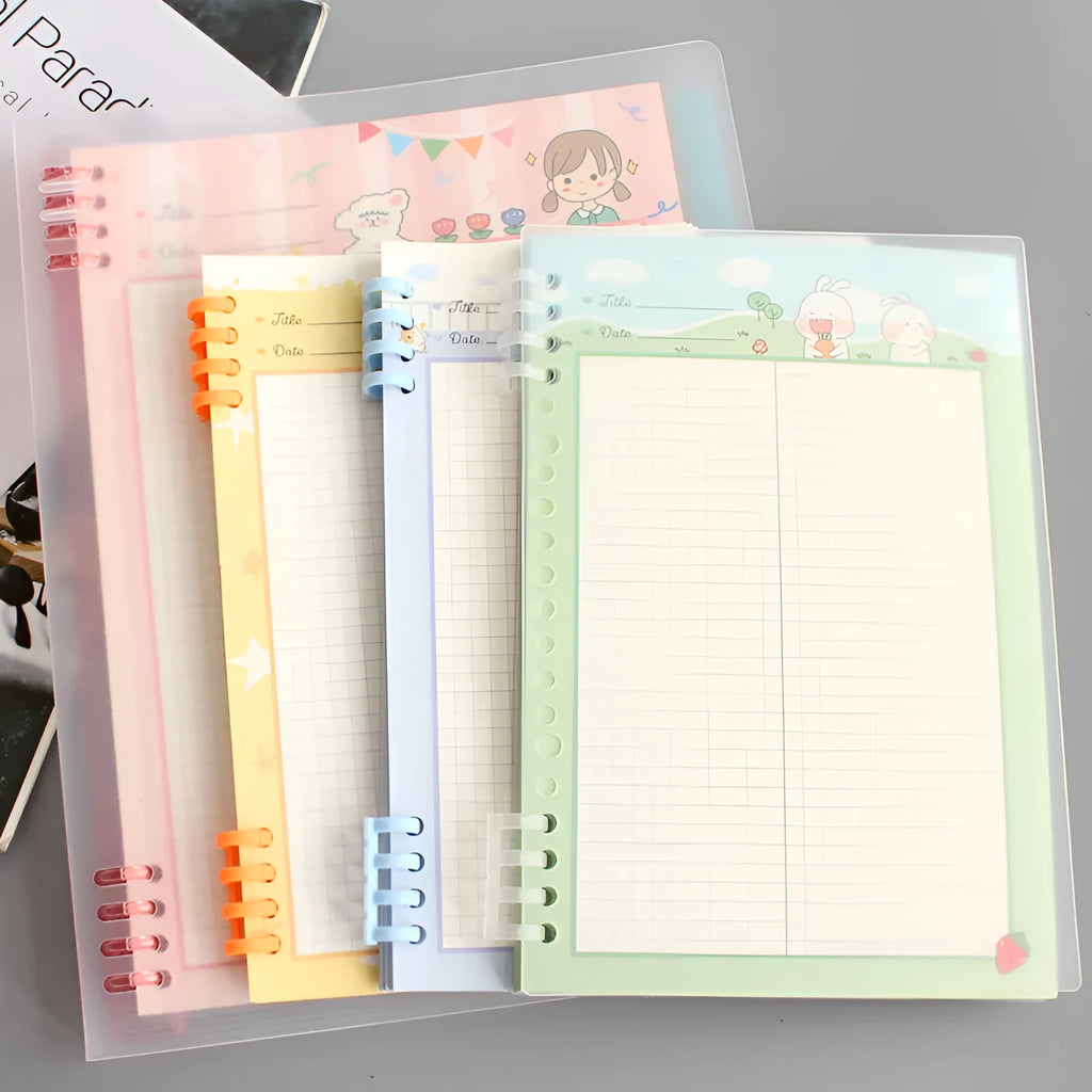 B5 size loose-leaf notebook with PP plastic shell in choice of colours including transparent, blue, green, pink, and yellow.