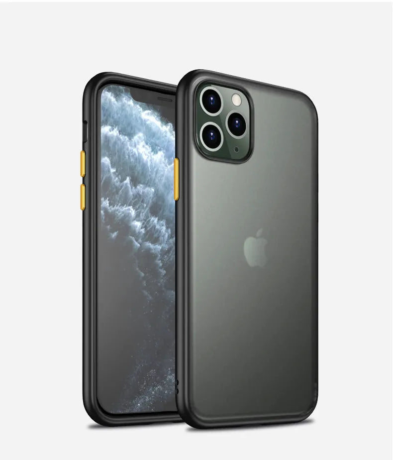 Frosted hard shell protective phone case for iPhone 11 models in black, green, purple, and red.