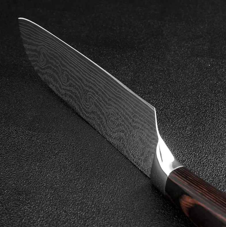 Stainless steel kitchen knife with coloured wood handle and laser Damascus pattern on the blade