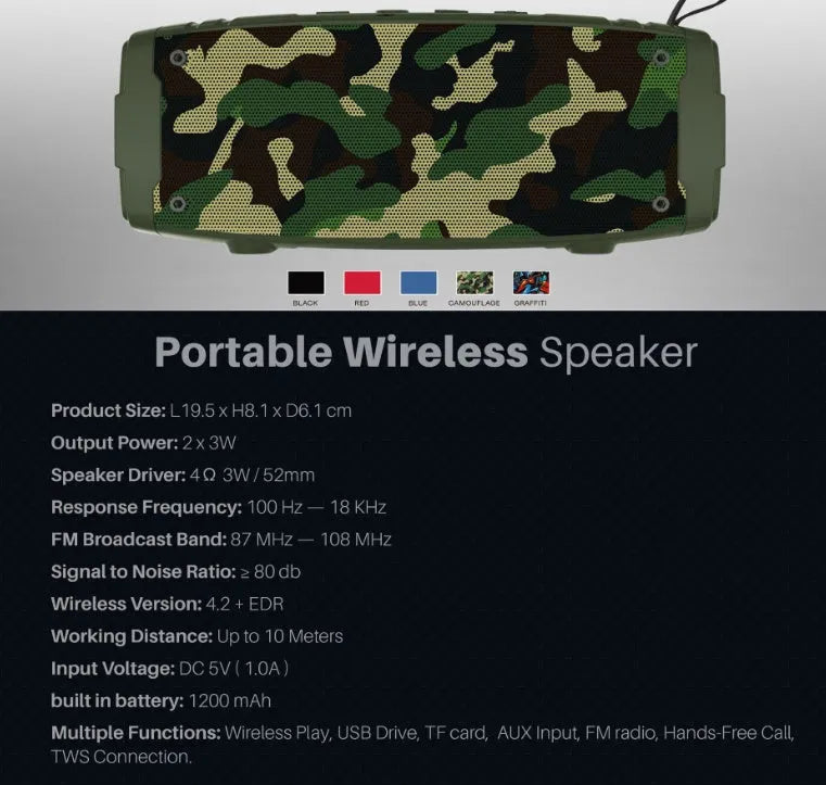 Portable wireless Bluetooth speaker with multiple colour options including black, blue, and camouflage.