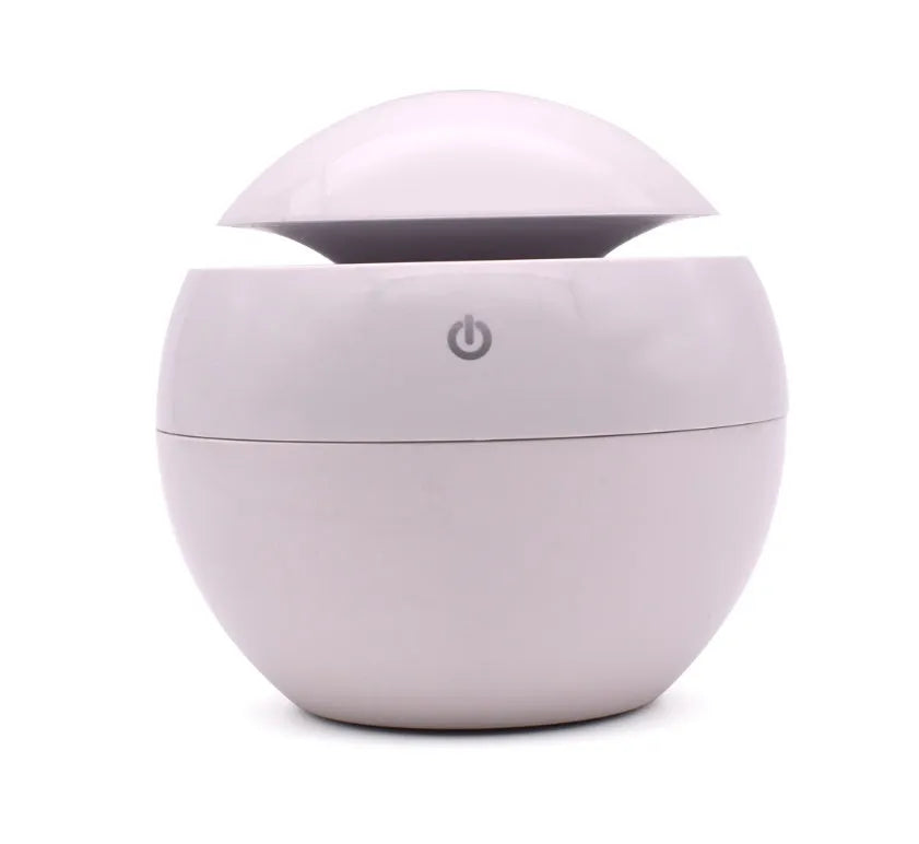 White USB ultrasonic atomiser humidifier with 130ml water tank measuring 110x110x95mm