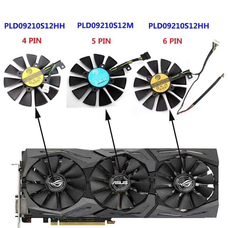 PLD09210S12M 87mm square graphics card cooling fan with 4-pin connector for ROG Strix GPUs.