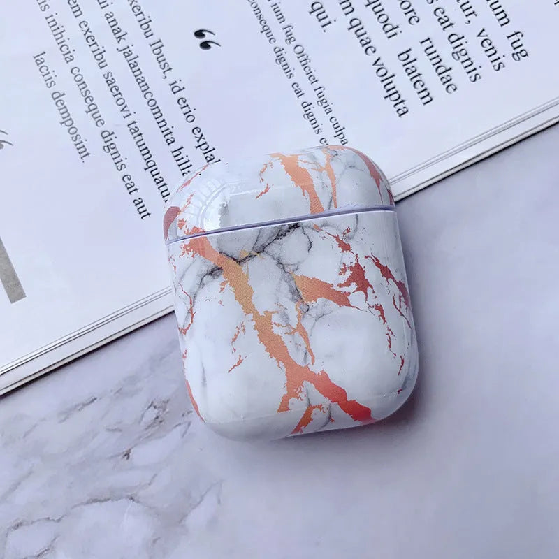 Hard white marble protective case for Apple AirPods 1 and 2 charging box.