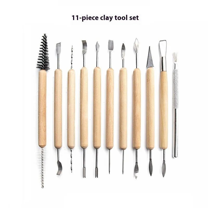11-piece pottery tool set with stainless steel heads and wooden handles for clay sculpting
