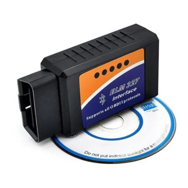 Compact black ELM327 Bluetooth OBD2 diagnostic scanner for car fault codes and live data.