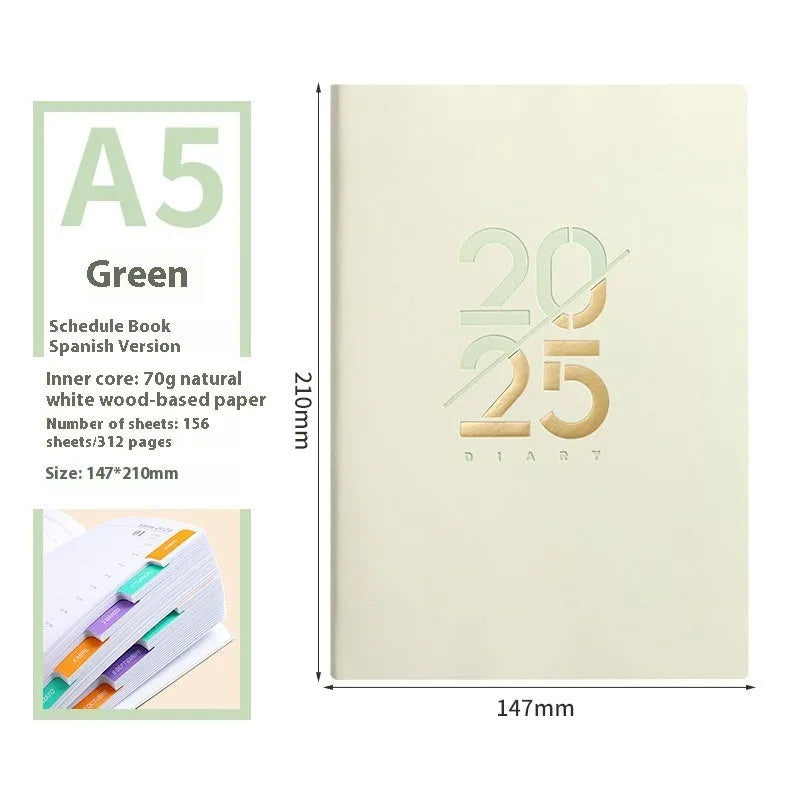 2025 A5 daily schedule book with soft faux leather cover, open to show weekly planner layout.