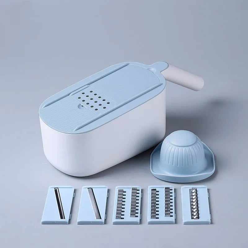 Nordic style multifunctional vegetable cutter with stainless steel blades in blue, grey, or khaki colours