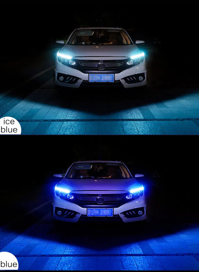 Car LED daytime running light strip with silicone body and coloured flowing turn signal effects