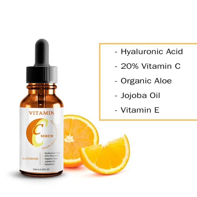 Bottle of Vitamin C and hyaluronic acid facial serum for skin brightening and anti-aging.