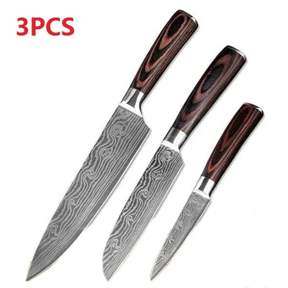 Stainless steel kitchen knife with coloured wood handle and laser Damascus pattern on the blade