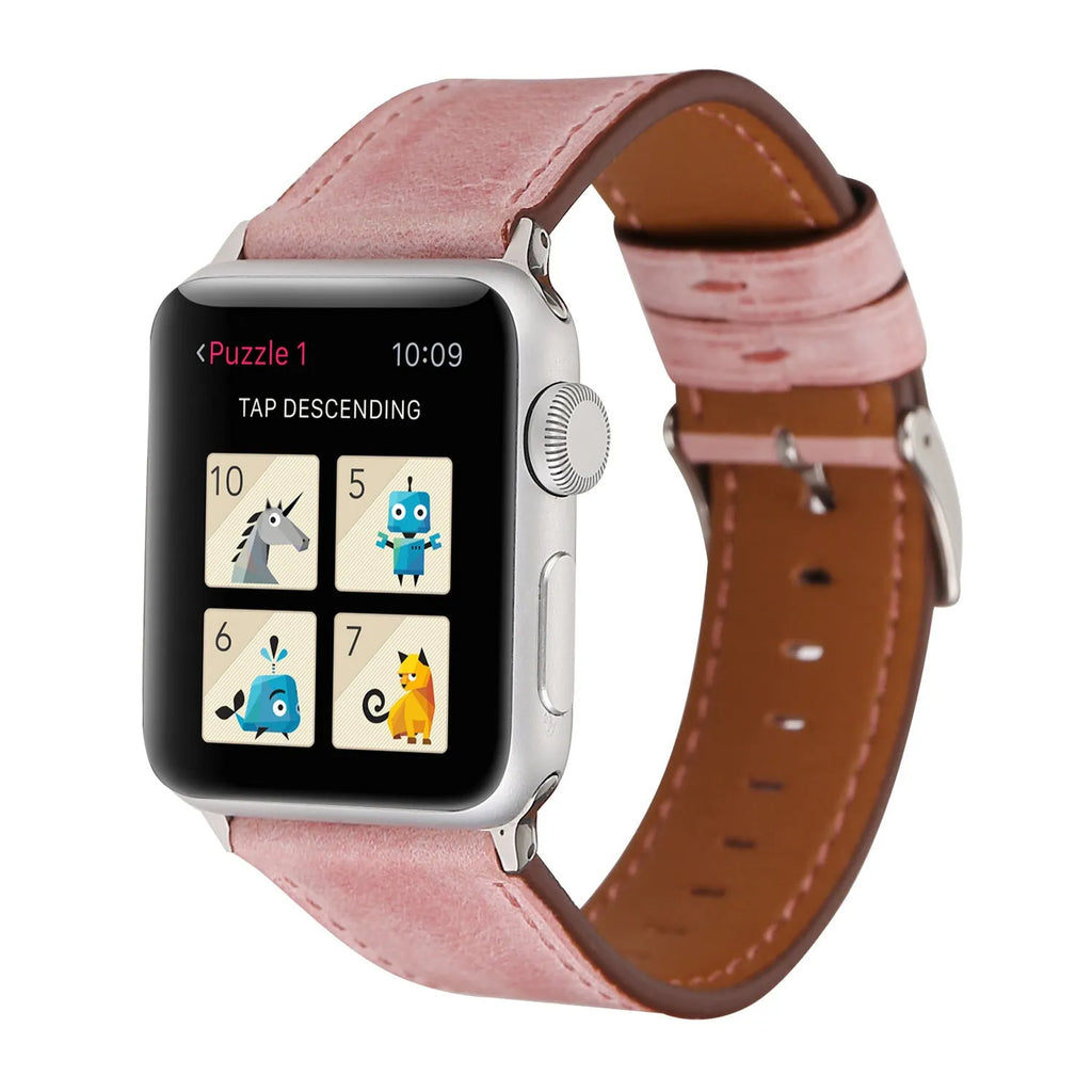 Leather watch strap with folding buckle in multiple colour options
