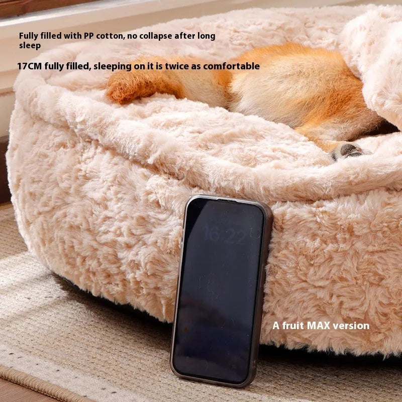 Round nest milk tea coloured pet bed for dogs and cats in removable washable cloth fabric