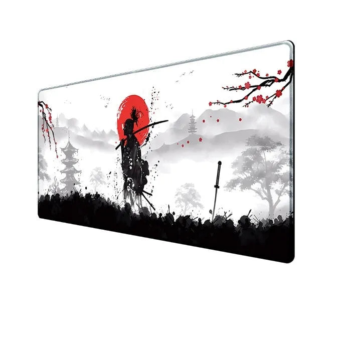 Japanese samurai artwork gaming mouse pad on a desk with a computer mouse