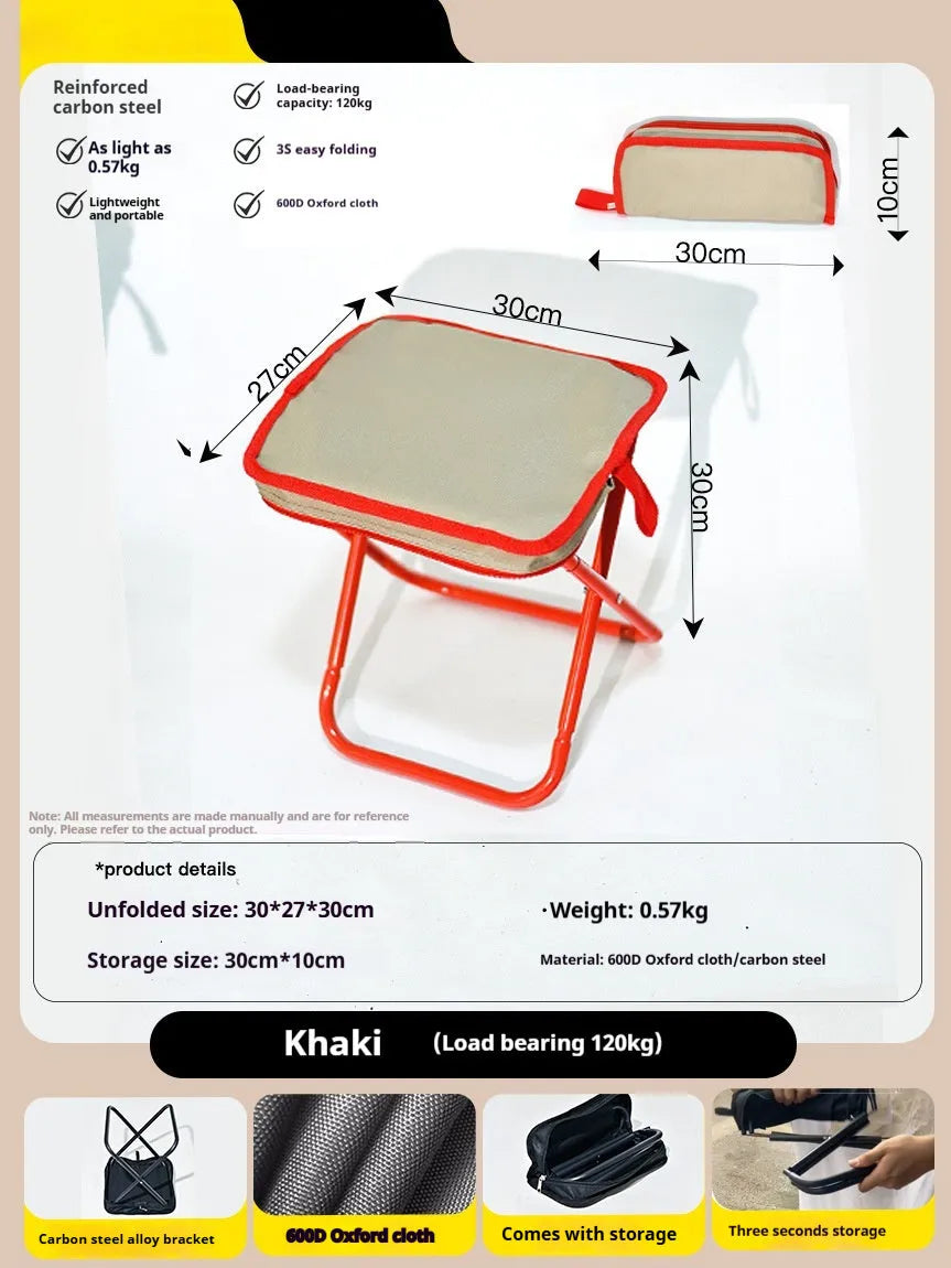 A lightweight foldable camp chair stool in oxford cloth, shown in a khaki colour, folded compactly.