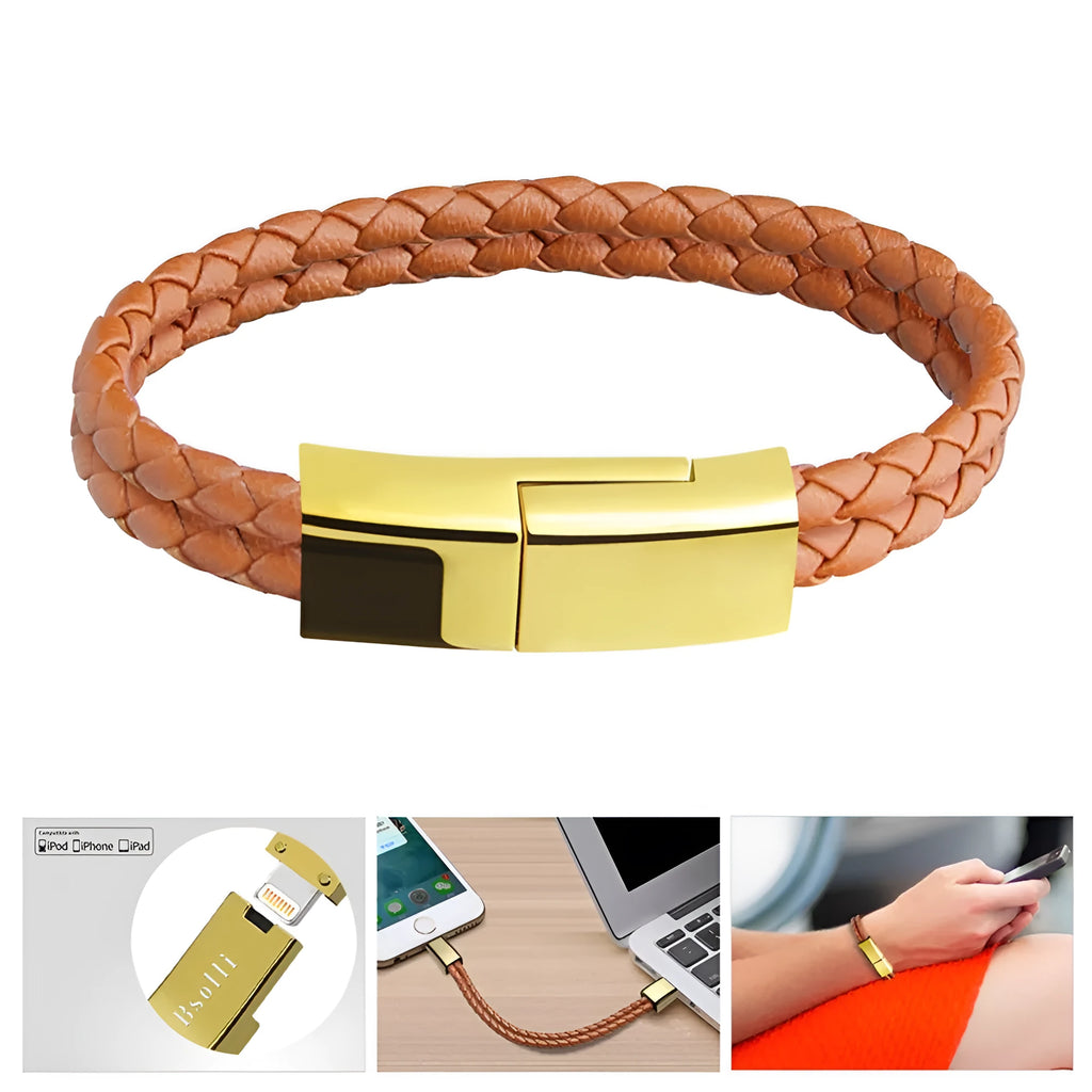 Brown double line bracelet-style charging cable with Mini USB to Micro USB connector.