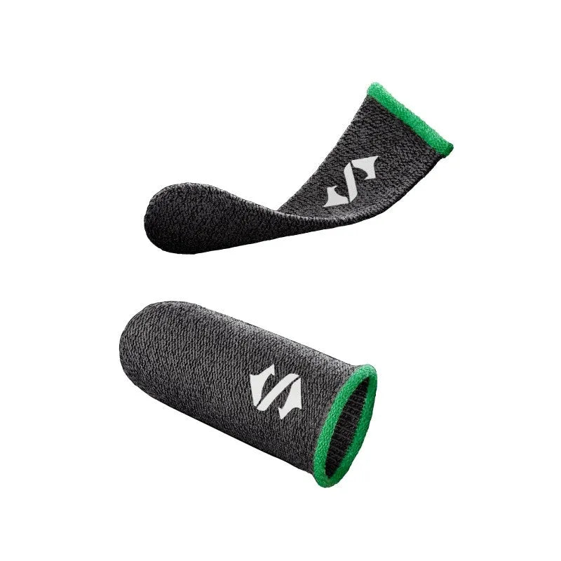 Green thumb sleeve for gaming with silver fibre construction and a reflective 3M logo.