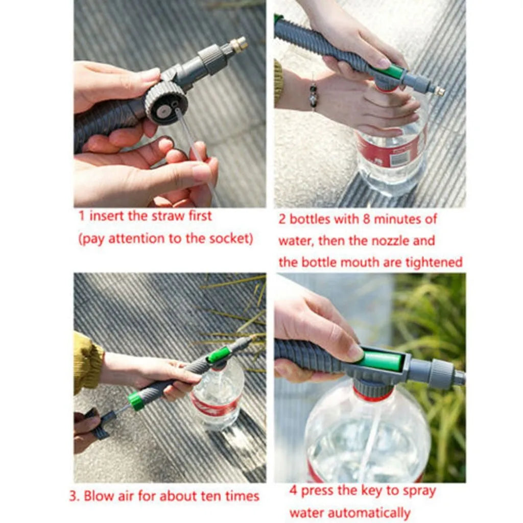 Plastic watering sprayer nozzle with extension tube attached to a large clear beverage bottle.