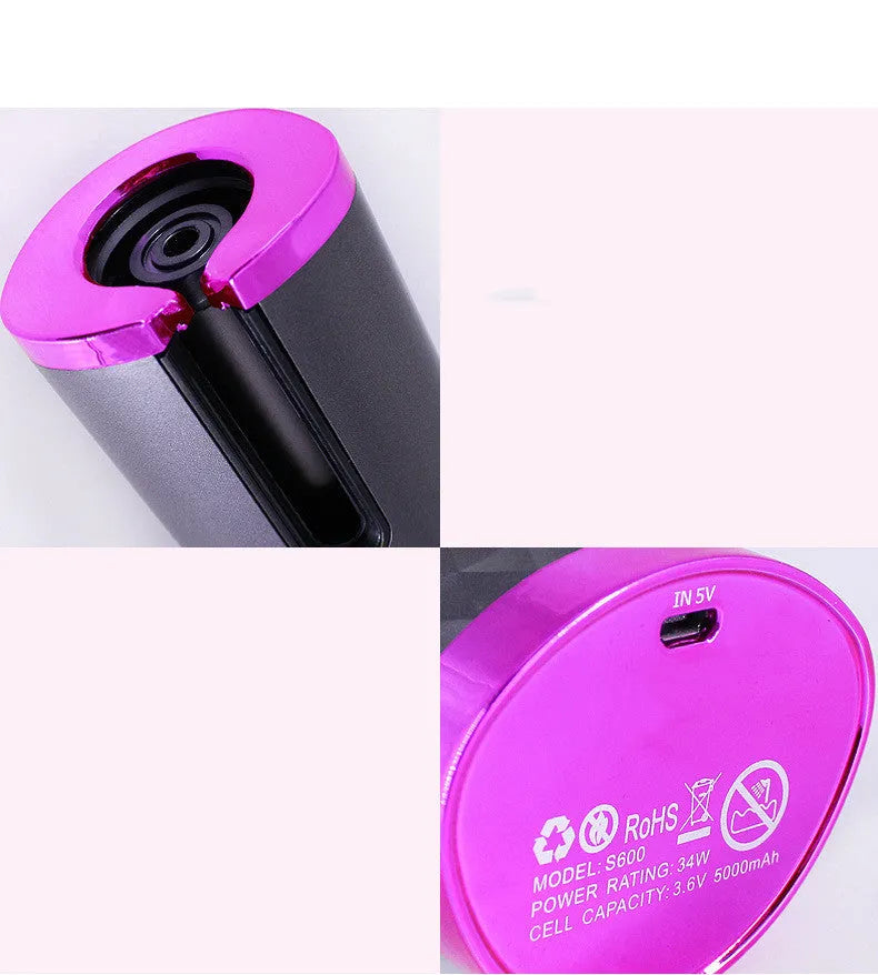 Rechargeable cordless automatic hair curler with LCD display showing temperature settings on ceramic barrel